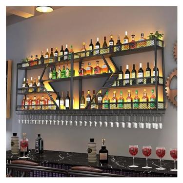 Imagem de GKPSSURV Rack de vinho de bar montado na parede com luz LED, prateleiras flutuantes de ferro com suporte de taça de vinho, prateleira de exibição de garrafa de licor, prateleiras de armazenamento de