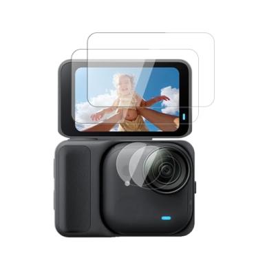 Imagem de KONXISA [Pacote com 2 + 2] Protetor de tela para Insta360 GO Ultra, protetor de tela de câmera de vidro temperado com 2 protetores de lente de TPU, película protetora HD transparente com 9 durezas