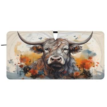 Imagem de CEBUGI Para-brisa de carro dobrável sombra de sol vaca highland aquarela janela de carro guarda-chuva pára-brisa frontal para-sol para acessórios de carro bloqueador solar refletivo de carro legal, P