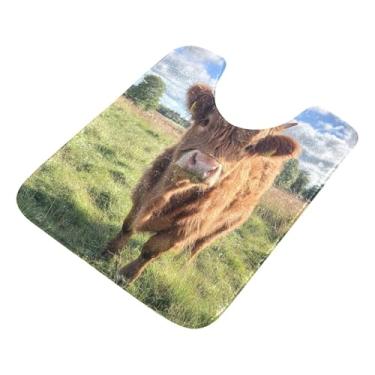 Imagem de Burbuja Tapete de banheiro Cow in Highland, tapete de banho absorvente de pelúcia macio, base antiderrapante para piso de banheiro, oval em forma de U