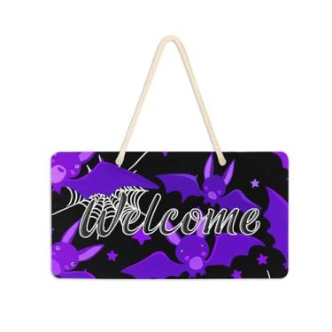 Imagem de Burbuja Placa de boas-vindas de morcegos roxos de desenho animado para porta da frente, placa de boas-vindas de PVC para decoração de férias, 15 x 28 cm