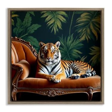 Imagem de Stupell Industries Arte de parede em tela flutuante com moldura preta Tiger Lounging on Chaise, design por Lettered and Lined, 18 x 18