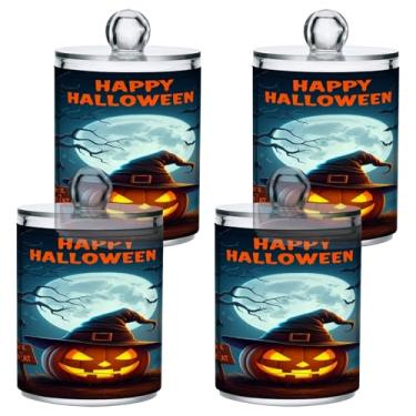 Imagem de STAYTOP 4 frascos de boticário Qtip para banheiro com etiquetas – Recipiente de armazenamento Qtip de plástico transparente para bola de algodão, cotonete, grão de café e abóbora de Halloween