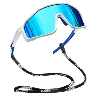 Imagem de Joopin Óculos de Sol Esportivo Masculino Feminino Oculos Polarizados Envolventes para Ciclismo com Proteção UV400 Armação TR90 Branco Lente Espelhado Azul