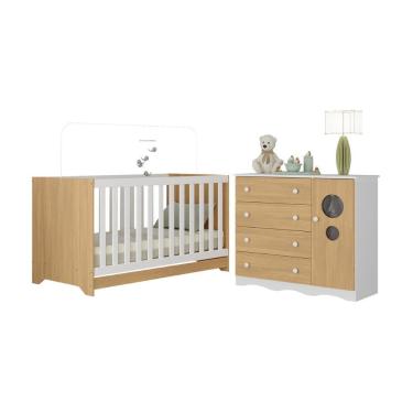 Imagem de Berço Americano 3 Em 1 Com Cômoda 1 Porta 4 Gavetas Sonho Multimóveis MP4709 Branco-madeirado