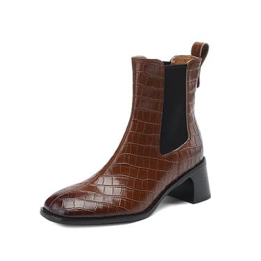 Imagem de TinaCus Bota feminina de bico quadrado feita à mão, couro legítimo, salto grosso, elástico, xadrez, cano curto, Marrom, 35