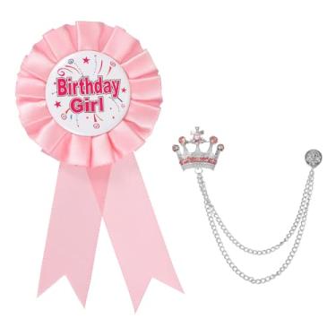 Imagem de PATIKIL Broche de botão de mulher de aniversário, alfinetes de crachá de fita de prêmio de tecido de cetim e broche de corrente pendurada em coroa para decoração de festa de aniversário, One Size