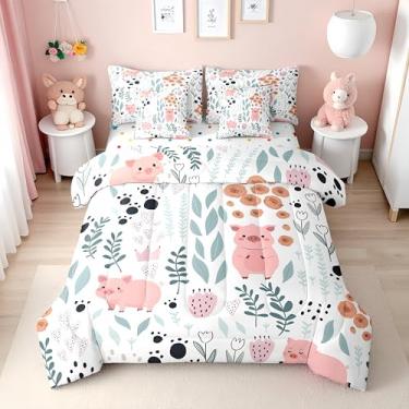 Imagem de Erosebridal Jogo de lençol solteiro de porco fofo com estampa de animais de fazenda de porco fofo para meninas e meninos, lençol de cima com estampa de pata, rosa e folhas verdes florais