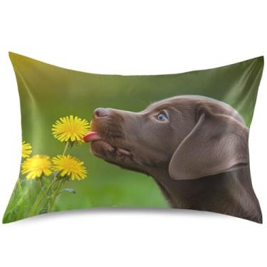 Imagem de Lindas capas de almofada de cetim com flores de labrador chocolate padrão queen king estampa animal almofada refrescante chinelos de quarto estética, tamanho padrão, 66 cm x 50 cm