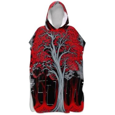 Imagem de Joisal Poncho de surfe para adultos trocador de roupa de praia com capuz toalha absorvente vermelho vibrante árvore branca poncho masculino com capuz