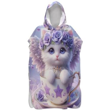 Imagem de Joisal Lindo gato anjo gatinho floral surf poncho adulto trocador plus size masculino poncho com capuz toalha de praia impressão