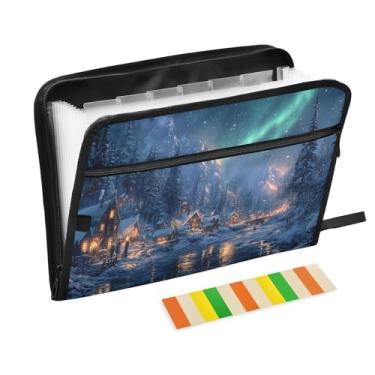 Imagem de Pasta de documentos Aurora Borealis Winter Cabin Village A4 tamanho carta arquivo sanfonado com etiquetas