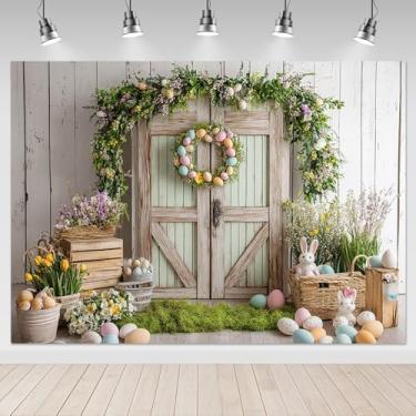 Imagem de Mocsicka Pano de fundo para fotografia de páscoa, parede de madeira, decoração de festa de primavera, férias, ovos coloridos de Páscoa, coelhinhos, coelhos, adereços de estúdio fotográfico (3 x 2,4 m)