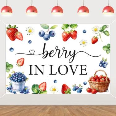 Imagem de Cheereveal Faixa de fundo de 1,5 x 0,9 m Berry in Love, fundo fotográfico de mirtilo e morango, chá de panela com tema de frutas silvestres para chá de despedida de solteira, aniversário, chá de bebê