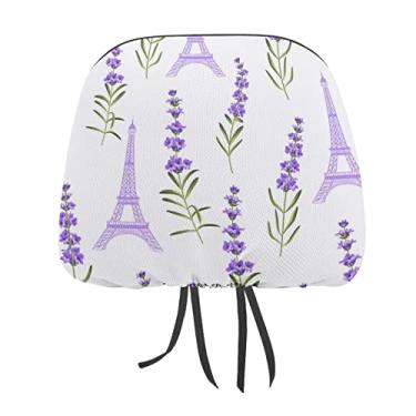 Imagem de Flores de lavanda violeta sem costura com folhas verdes Torres Eiffel 1 peça capa protetora de encosto de cabeça universal para assento de carro, capa macia para encosto de cabeça de carro, acessórios