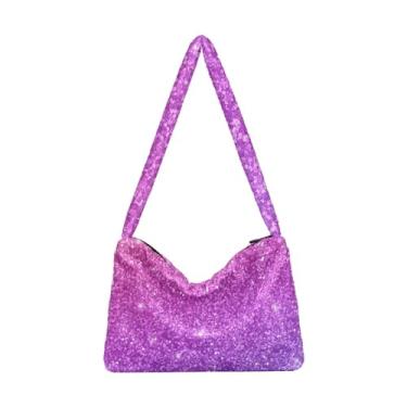 Imagem de Bolsa de ombro feminina com glitter horizontal e rosa azul, bolsa de ombro com zíper para mulheres, bolsa feminina para uso ao ar livre, Estampa purpurina rosa roxa, One Size