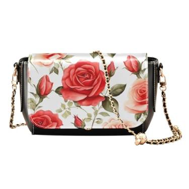 Imagem de Margaridas em azul e branco guingão bolsa transversal com alça longa, bolsa tiracolo feminina de couro, bolsas de ombro de couro para mulheres, Flor estilo aquarela com rosa vermelha - 3, One Size