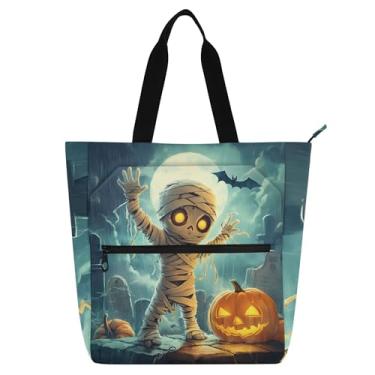 Imagem de GAIGEO Bolsa de mão assustadora de Halloween para mulheres, bolsa de tecido de lona para trabalho, faculdade, escola, professores, bolsa com compartimentos
