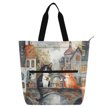 Imagem de GAIGEO Cute Cats Bridge Print Book Tote Bag para mulheres e crianças, bolsa de lona utilitária com zíper para trabalho escolar com compartimentos