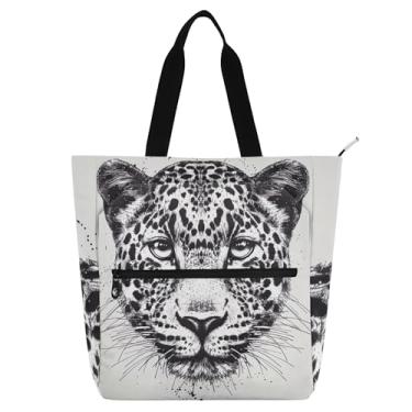 Imagem de GAIGEO Bolsa feminina com cabeça de leopardo, preta, branca, para trabalho, lona, praia, livro, bolsa com zíper, utilitária, bolsa de escritório com compartimentos