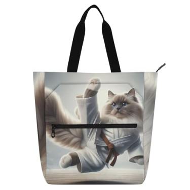 Imagem de GAIGEO Karatê Ragdoll Cat Bolsas de Trabalho Divertidas para Mulheres Lona Escolar Bolsa de Livro Bolsas de Viagem Amantes de Livros