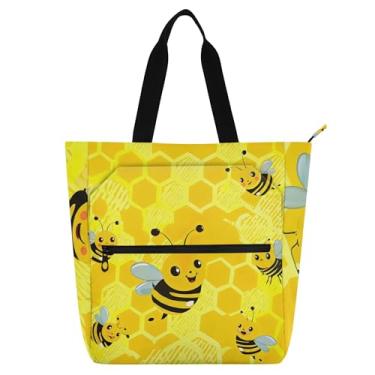 Imagem de GAIGEO Sacola feminina amarela com desenho de favo de mel com desenho de abelhas, bolsa escolar com zíper, presente para amantes de livros