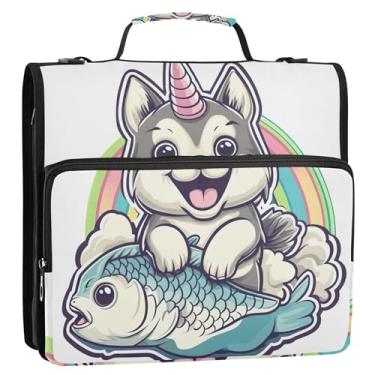 Imagem de Fichário organizador de 3 anéis de desenho animado de peixe com 3 anéis de 3 cm com zíper com alça de ombro para armazenamento escolar estojo portfólio com alça