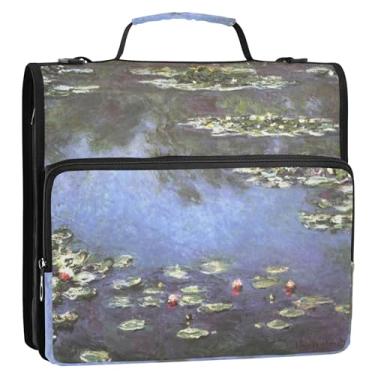 Imagem de Monet Seerosen Organizador de fichário com zíper com estampa de lírio d'água, 3 anéis, anel D de 3 cm, bolsa escolar com alça de ombro, suporte para 500 folhas