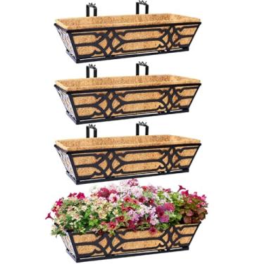 Imagem de cheehigo Caixa de plantador de trilhos, caixas de plantador de janela ao ar livre, pacote com 4, plantador suspenso de 40,6 cm com suporte ajustável para varanda, cestas de flores de cerca com forros