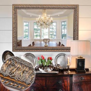 Imagem de Chende Espelho vintage para decoração de parede, 94 cm C x 63 cm L Espelho de banheiro bronze com moldura de madeira esculpida e textura de argila aplicada à mão, suspensão horizontal/vertical, sala