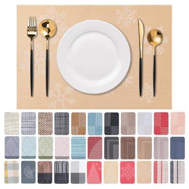 Imagem de CADONO Jogo americano conjunto de 6 tapetes de vinil laváveis para mesa de jantar, antiderrapante, resistente ao calor, tapetes de mesa de tecelagem de PVC (Natal, neve dourada)