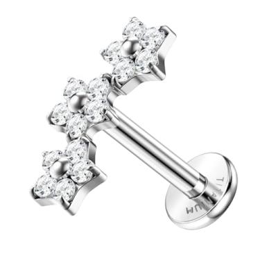 Imagem de ZELORES Brincos de cartilagem de titânio G23 com costas planas de 16 G para mulheres, piercing de tragus, roscado internamente, com costas planas, labret helix, concha, piercing, Titânio, Zircônia