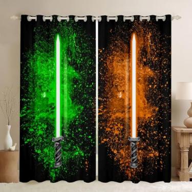 Imagem de Feelyou Cortinas de sabre de luz para meninas, meninos, decoração de casa, sabre de luz, bolso para varão, isolamento térmico, verde, laranja, 2 painéis, cortinas escurecidas para quarto, sala de
