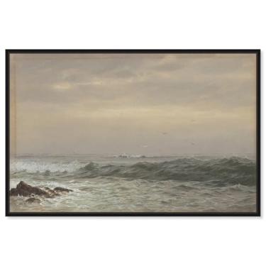 Imagem de Art Remedy Rochas e ondas quebrando ondas, arte clássica costeira, moldura preta, 38 x 25 cm