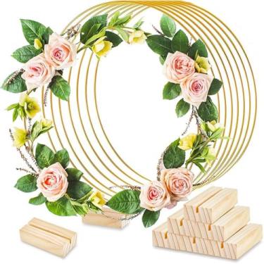 Imagem de Conjunto de 8 peças de argola floral de metal dourado com 8 peças de suportes de madeira para decoração de mesa de casamento, grinaldas para pendurar na parede, apanhadores de sonhos e projetos de