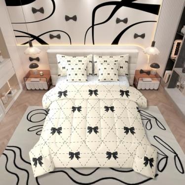 Imagem de Erosebridal Conjunto de edredom solteiro com laço preto, 7 peças, para quarto de crianças, moderno, com laço e laço, geométrico, macio e quente