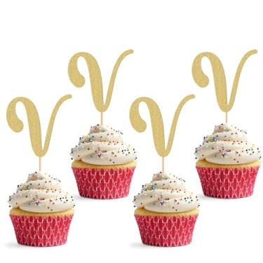 Imagem de Topper de cupcake de 26 letras - pacote com 24 decorações de cupcake com glitter e letra V, adequado para festa de aniversário, aniversário de casamento ou adereços de cabine de fotos (V)