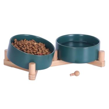Imagem de Conjunto de tigelas de cerâmica para cães e gatos com suporte de madeira, tigelas de água e ração para animais de estimação com peso antiderrapante, alimentador duplo elevado para cães pequenos e