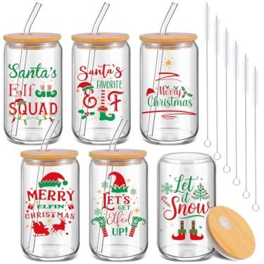 Imagem de Qinyoung 6 peças de copos de vidro de Natal com tampas de bambu e canudos de vidro, conjunto de copos de bebida de elfo de 473 ml, copos reutilizáveis de café gelado para Natal, inverno, cacau
