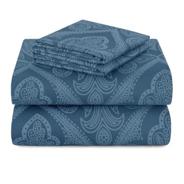 Imagem de Hannah Linen Jogo de lençol casal Paisley, 4 peças de microfibra macia sem vincos - Lençóis luxuosos estampados inclui lençol de cima, lençol com elástico com bolsos profundos e 2 fronhas - azul