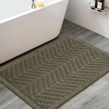 Imagem de Tapete de banheiro de waffle atualizado, 91 cm x 61 cm, verde acinzentado, espinha de peixe, tapetes de banheiro super absorventes antiderrapantes de secagem rápida com borlas, tapetes de banho boho