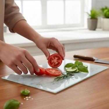 Imagem de Tábua de Corte em Vidro Temperado com Estampas Variadas 29cm e 40cm para Carne, Frios, Frutas e Churrasco (Mármore branco,40cm)