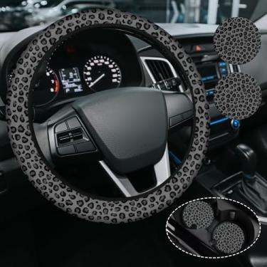 Imagem de Capa de volante de guepardo com estampa de leopardo preto para mulheres, acessórios de neoprene elástico antiderrapante capas de volante, universal de 38 cm para carros, SUVS, inclui 2 porta-copos de