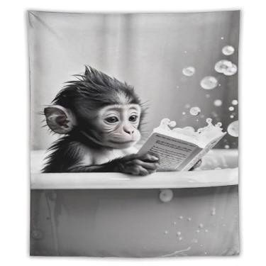 Imagem de Tapeçaria de leitura de macaco bebê na banheira preto branco bolhas cena bonito animal arte pendurar na parede decoração de casa alegre para banheiro quarto vibe 70 x 90 tapeçaria