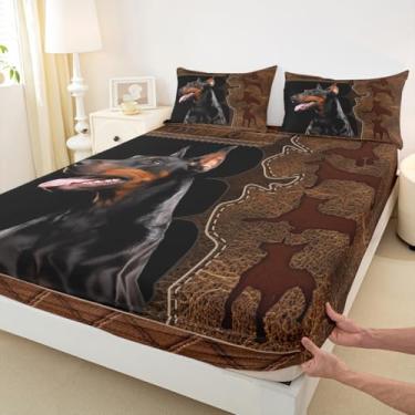 Imagem de Homewish Jogo de cama Queen 3D Doberman de couro bovino marrom, 3 peças, para decoração de quarto de crianças, meninos, adolescentes, homens, animais de estimação, vintage, preto, lençol com bolso, 2