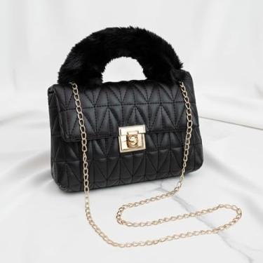 Imagem de Bolsa feminina com alça de pelúcia bordada corrente ombro transversal elegante pequena bolsa quadrada, Preto
