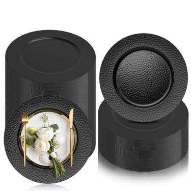 Imagem de PROY 50 peças de placas de carregamento marteladas, carregadores de prato de jantar elegantes pretos de 33 cm, pratos de carregador redondos reutilizáveis de plástico para mesa, casamento, festa