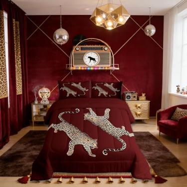 Imagem de Jogo de cama infantil de leopardo, moderno, tamanho king, preppy feminino, estética e vida selvagem, edredom de guepardo Y2k, edredom marrom e vermelho, 2 fronhas