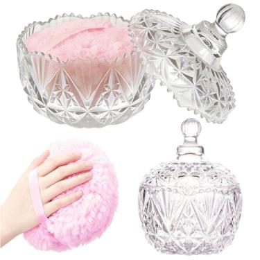 Imagem de Recipientes de pó extra grandes e soltos com puff, frascos de armazenamento de vidro de cristal de 14,5 cm com tampa à prova de poeira para pó solto com puff macio lavável e reutilizável, perfeito