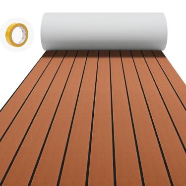 Imagem de Conchpeople Piso de barco, espuma de EVA, autoadesivo, antiderrapante, 240 x 38 x 0,7 cm, lençol de deck para barcos de pesca, caiaque, iate, trailer, piscina, carrinho de golfe (marrom com linhas de